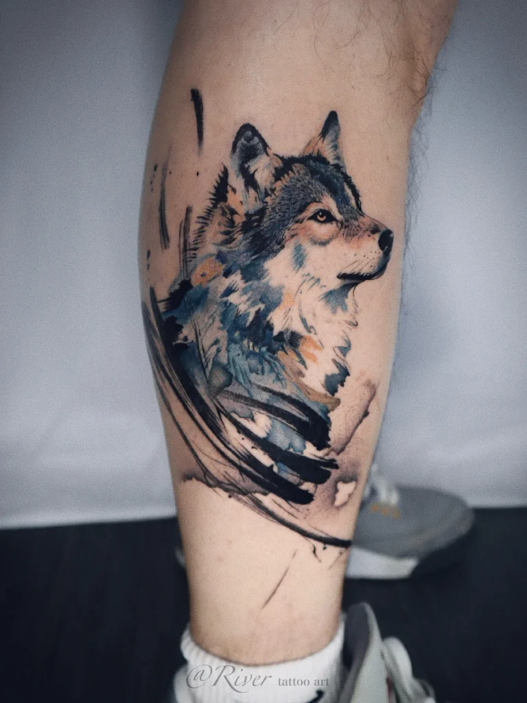 Realistic Wolf Portrait With Slate Blue Wash And Charcoal Brushstrokes