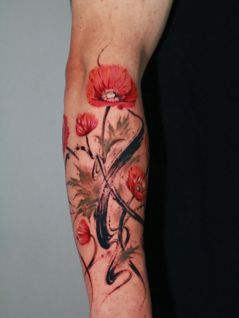 14.Crimson Botanical Poppies With Sweeping Calligraphy Ink