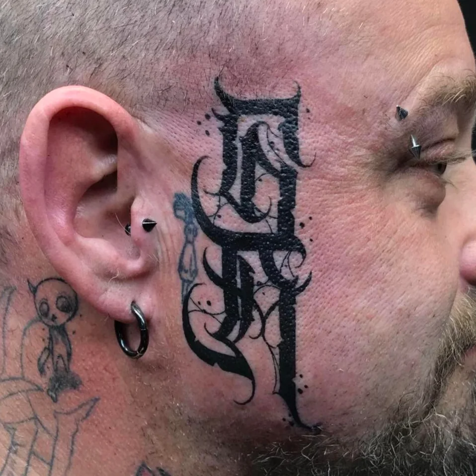 Heavy Gothic Blackwork Monogram Cheek Placement