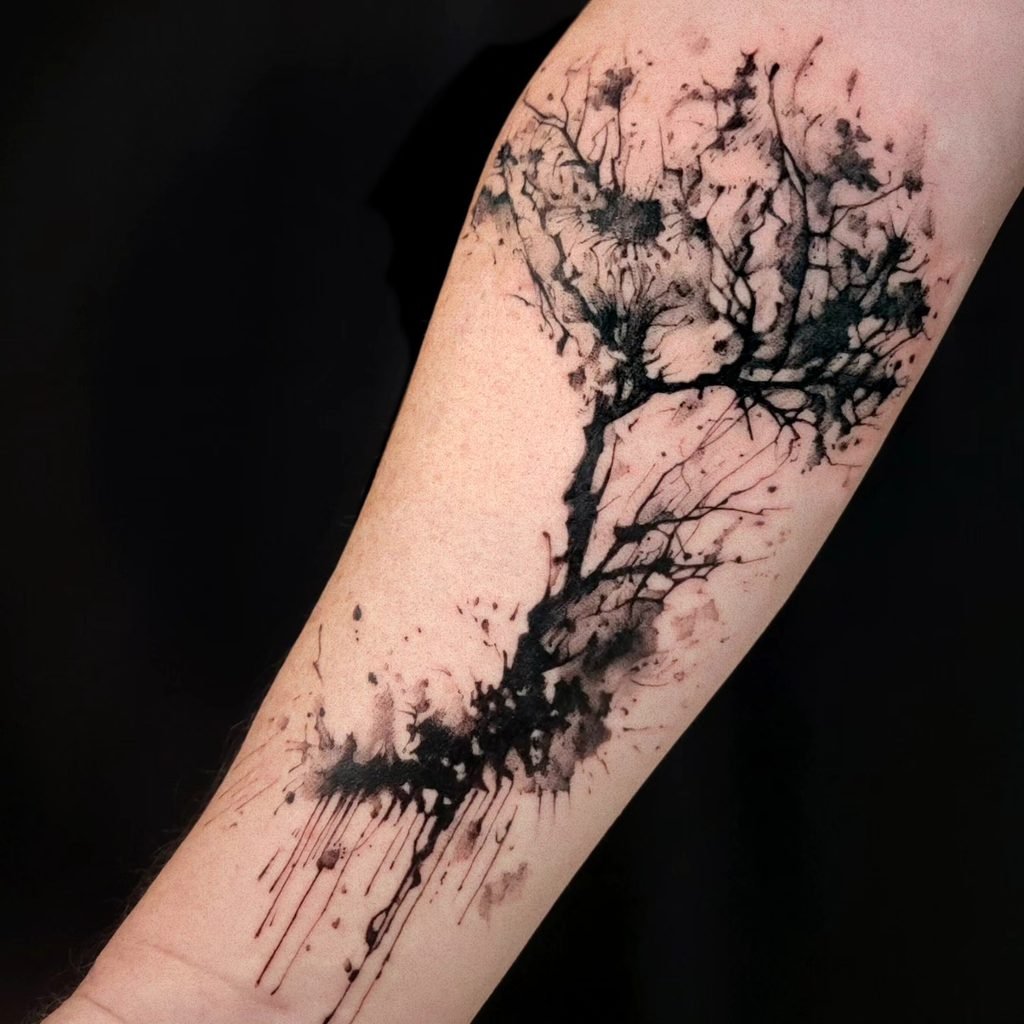 Abstract Ink Wash Tree With Dripping Roots