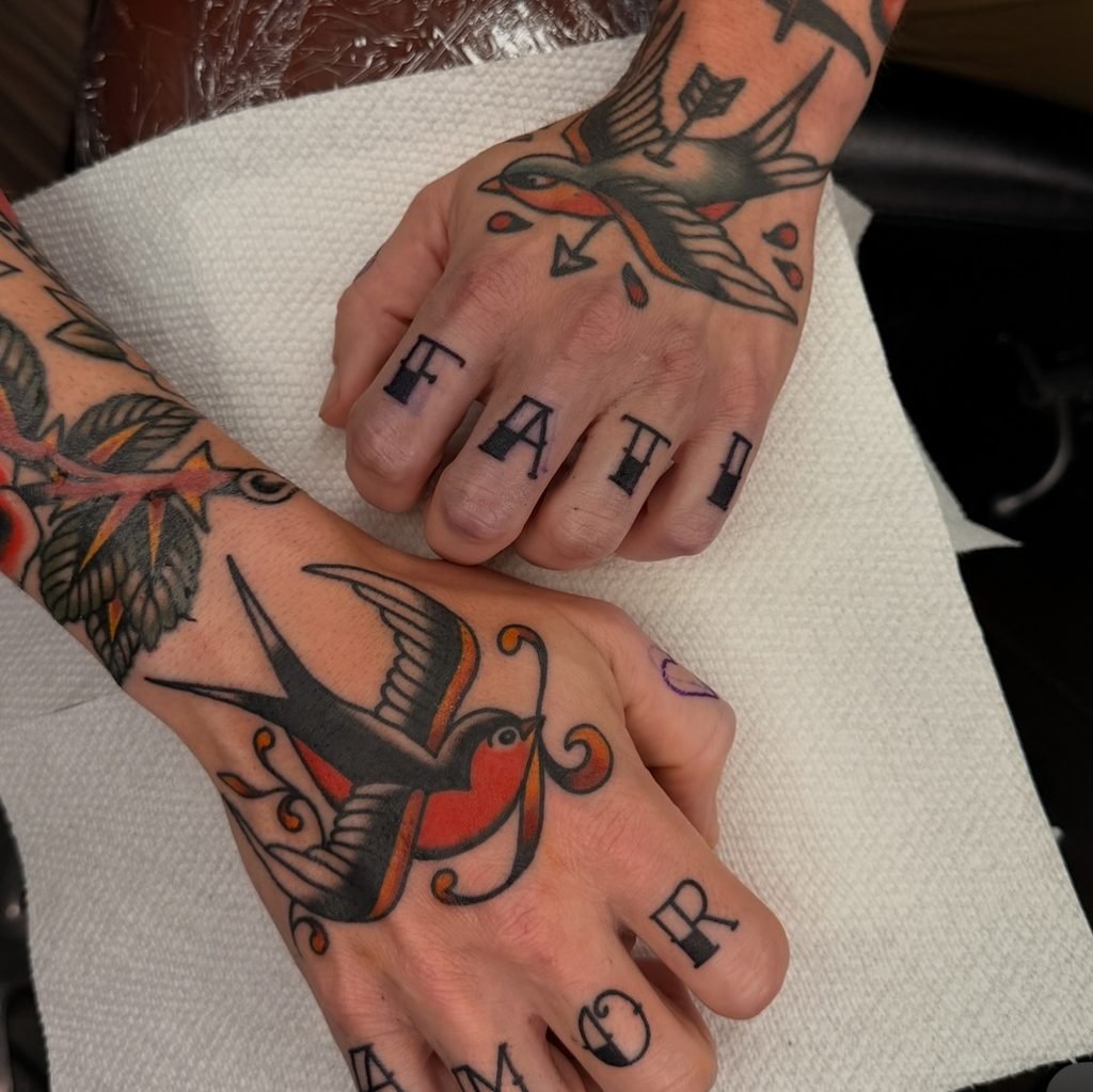 Traditional Swallow Motifs With Sailor Serif Knuckle Ink