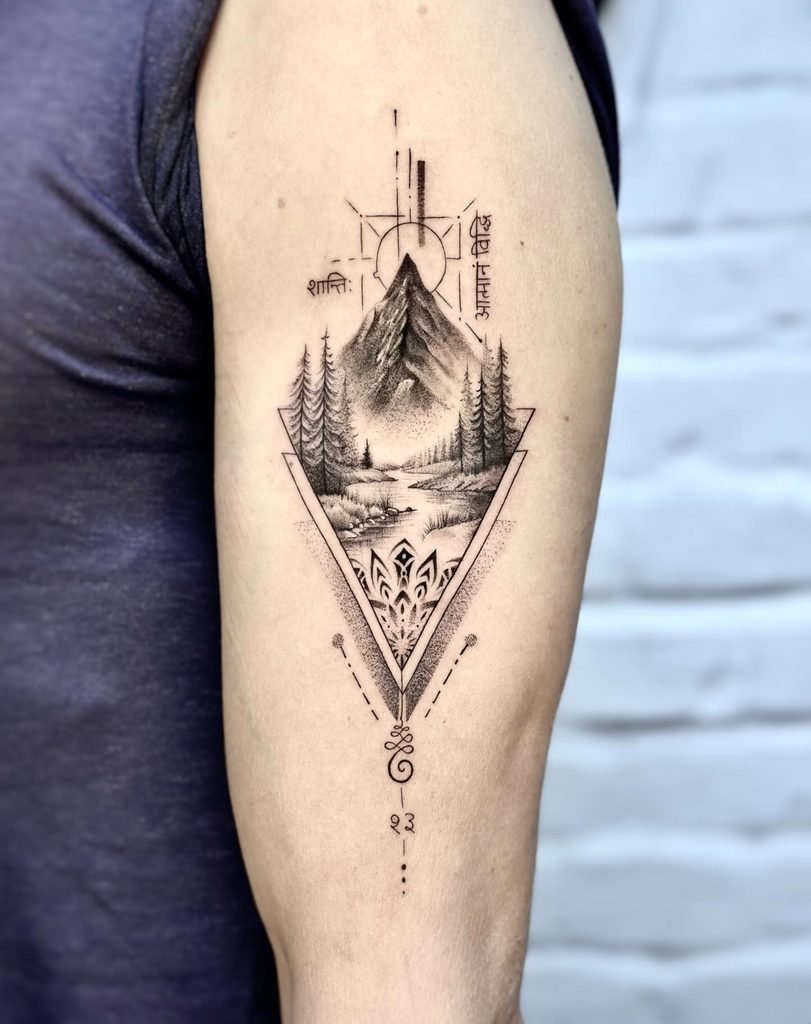 Geometric Mountain Landscape and Sanskrit Script