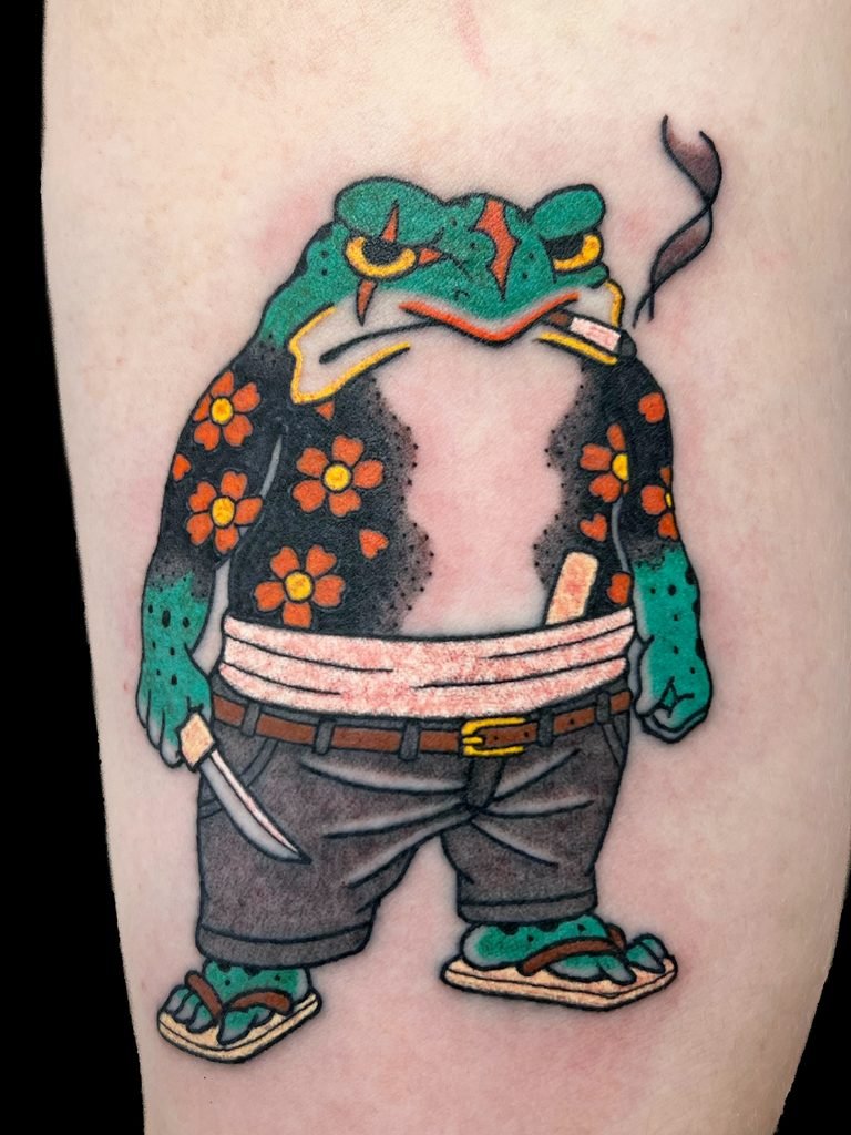 Quirky Yakuza Frog With Traditional Munewari Tattoo