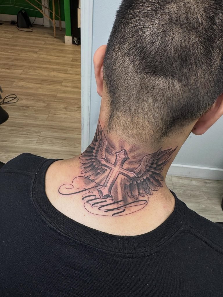 Winged Cross Nape Design with Cursive Script
